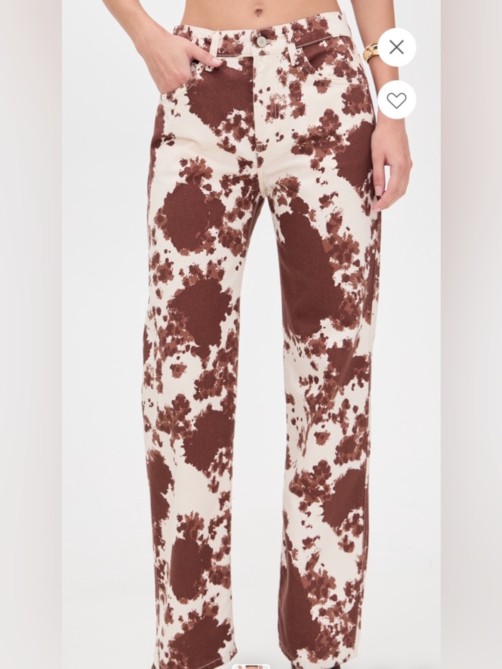 Reformation Val 90s MidRise Straight Cream and Brown Cow-Print Jeans, NWT, Sz 23